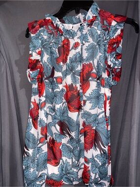 Ann Taylor Factory White Sleeveless Blouse with Teal Leaves & Red Floral Print